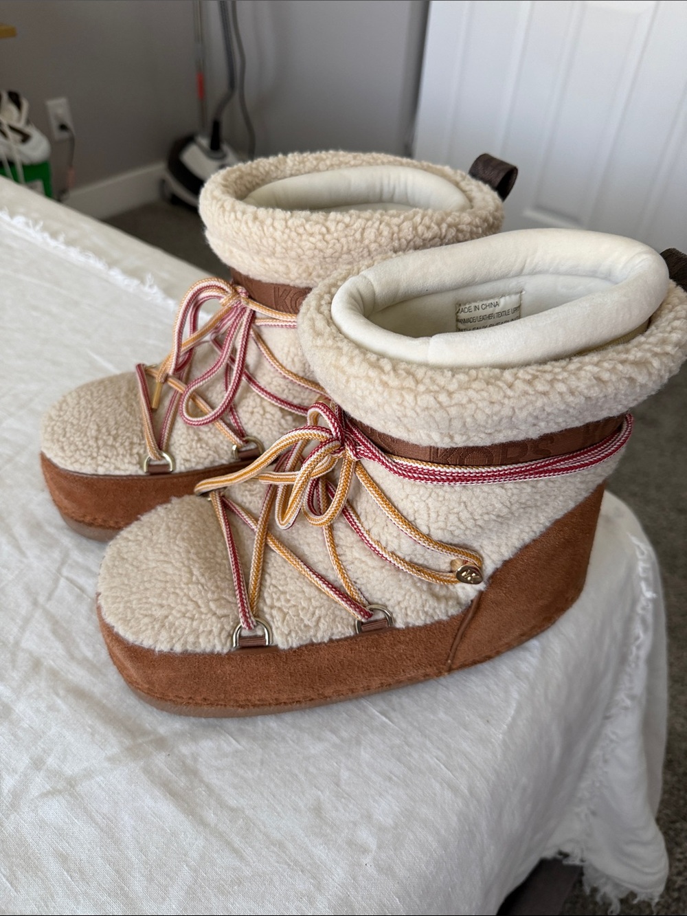 Michael Kors Sherpa-Lined Winter Booties in Cream & Brown